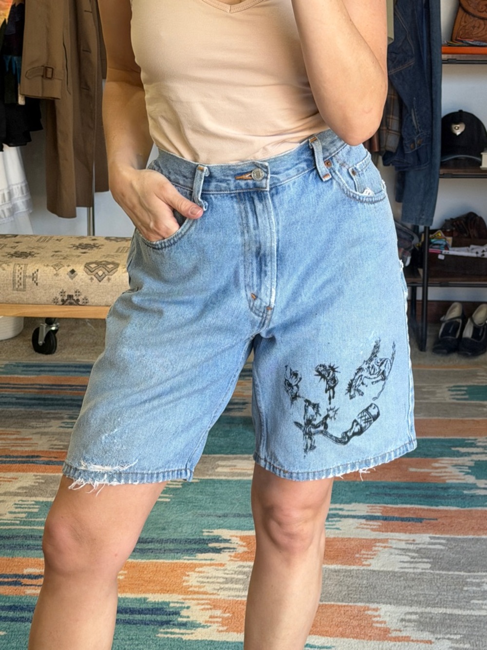 Levi's 550 Denim Bermuda Shorts Upcycled Reworked Graffiti Western Art